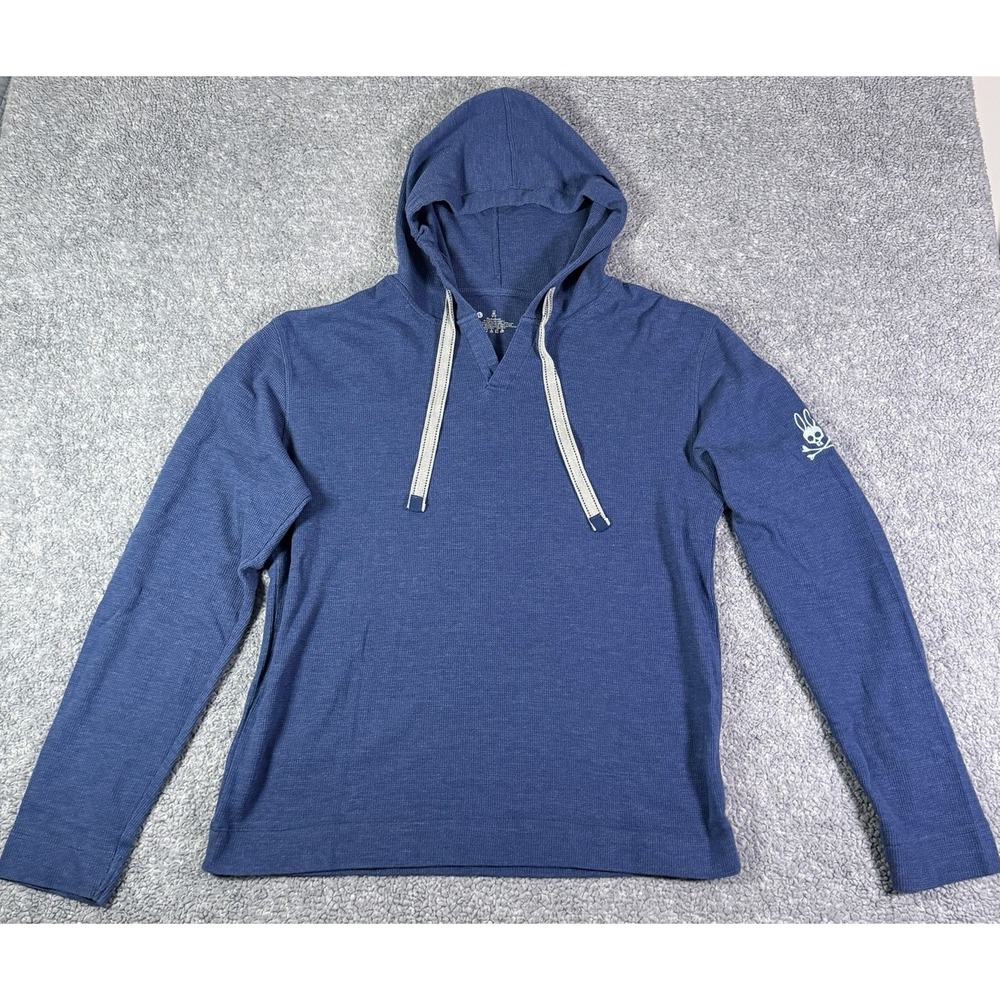 Psycho‎ Bunny Hoodie Mens Blue Thermal Waffle Knit Long Sleeve Pullover Large